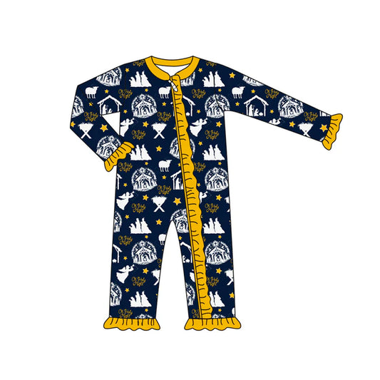 Preorder (moq 5)Baby Girls Long Sleeves Stars Nativity Plaid Ruffle Zipper Romper 7.2