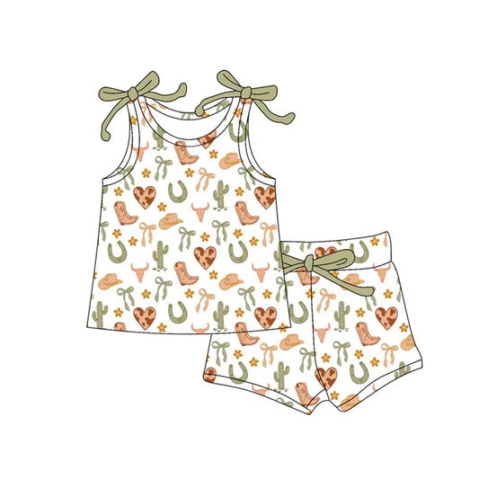 Preorder (moq 5)Baby Girls Bows Sleeveless Boots Bows Vest Top Shorts Set 6.2
