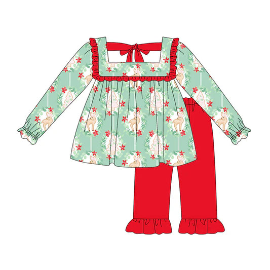Preorder (moq 5)Baby Girls Long Sleeves Green Trees Deer Tunic Red Ruffle Pant Set 5.19