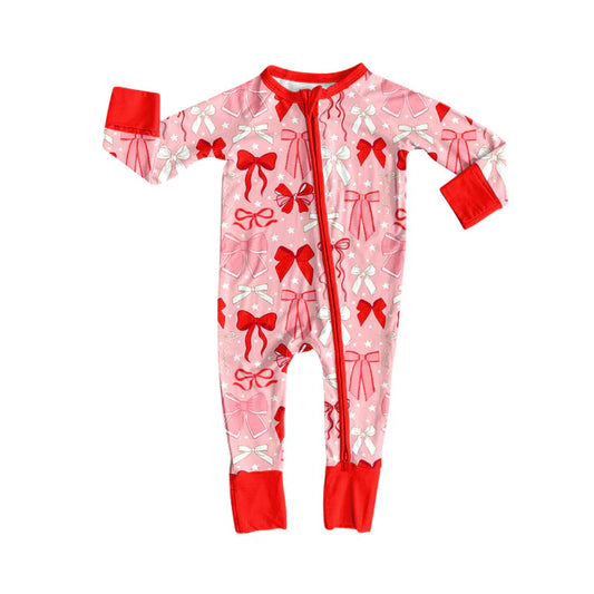 Preorder (moq 5)Baby Girls Pink Bows Stars Valentine Zipper Footie Rompers 9.3