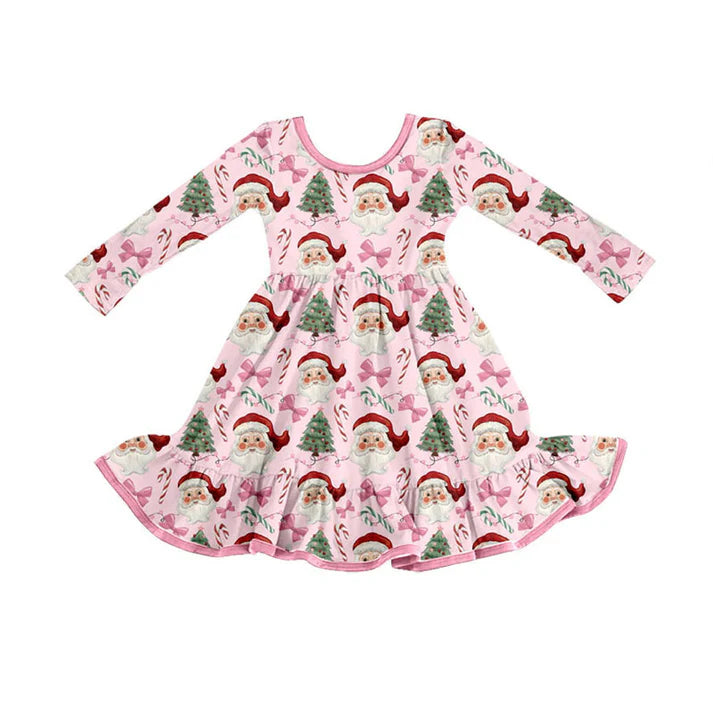 Preorder (moq 5)Baby Girls Pink Santa Trees Bows Christmas Ruffle Knee Length Dresses 8.30