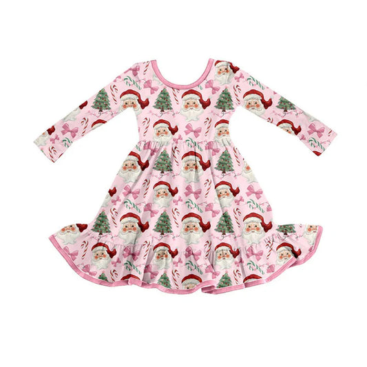 Preorder (moq 5)Baby Girls Pink Santa Trees Bows Christmas Ruffle Knee Length Dresses 8.30