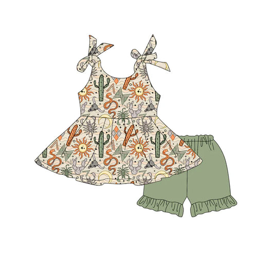 Preorder moq 5 Baby Girls Green Bows Sleeveless Cactus Suns Tunic Ruffle Short Set 4.15