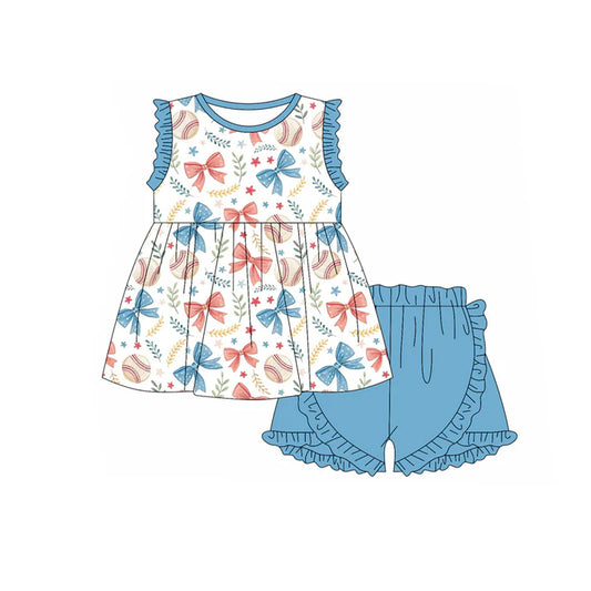 Preorder moq 5 Baby Girls Blue Sleeveless Baseballs Bows Tunic Ruffle Short 4th Of July Set 4.23