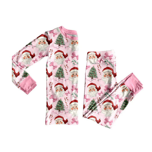 Preorder (moq 5)Baby Girls Pink Santa Trees Bows Top Pants Christmas Pajamas Sets 8.30