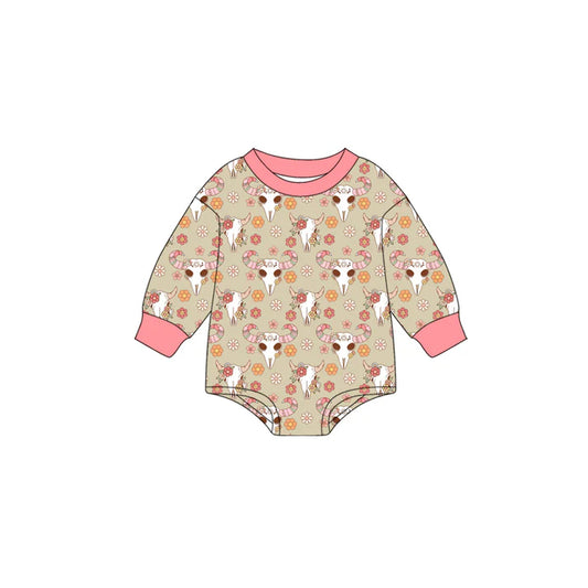 Preorder (moq 5)Baby Girls Long Sleeves Pink Flowers Bull Skull Plaid Romper 7.2