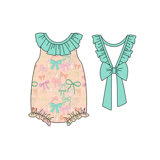 Preorder (moq 8)Baby Girls Colorful Bows Rabbits Back Bows Easter Ruffle Rompers 9.17