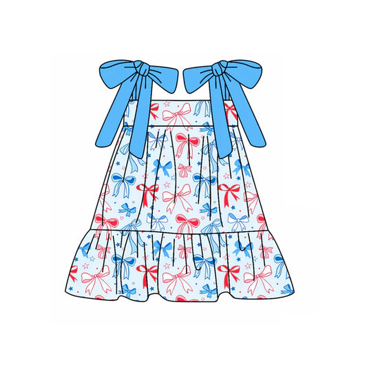 Preorder moq 5 Baby Girls Blue Strap Bows Stars 4th Of July Knee Length Dress 4.22