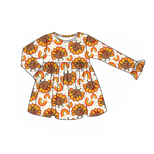 Preorder (moq 5)Baby Girls Long Ruffle Sleeves Turkey Rainbows Plaid Knee Length Dresses 7.28