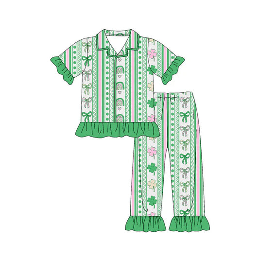 Preorder (moq 8)Baby Girls Green Clovers Stripe Button Top Ruffle Pants St Patrick Pajamas Sets 9.15