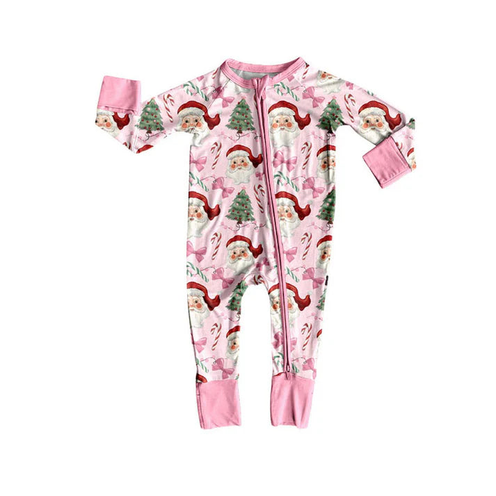 Preorder(moq 5)Baby Girls Pink Santa Bows Trees Christmas Zipper Footie Rompers 8.30
