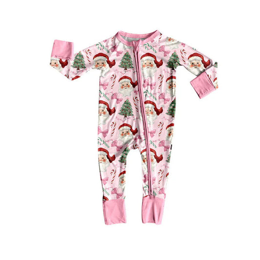 Preorder(moq 5)Baby Girls Pink Santa Bows Trees Christmas Zipper Footie Rompers 8.30