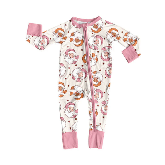 Preorder (moq 5)Baby Girls Long Sleeves Pink Santa Leaves Plaid Zipper Romper 7.2