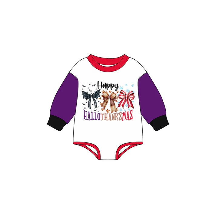 Preorder moq 5 Baby Infant Boys Purple Long Sleeves Bows Happy Holiday Romper 7.15