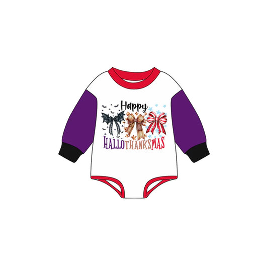 Preorder moq 5 Baby Infant Boys Purple Long Sleeves Bows Happy Holiday Romper 7.15