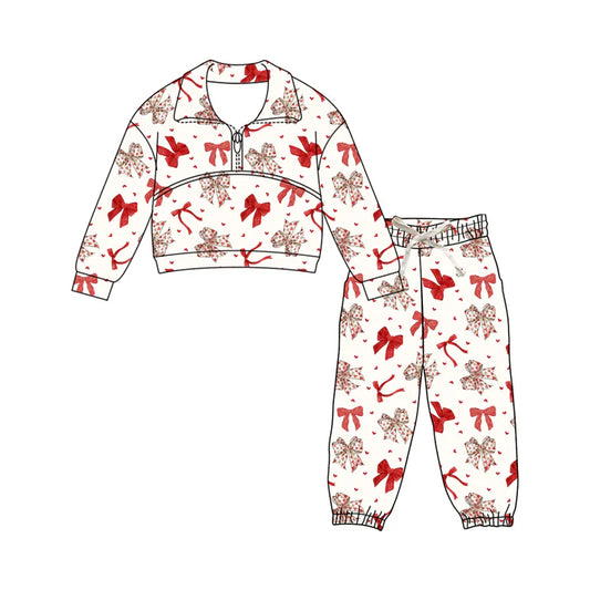 Preorder (moq 5)Baby Girls Pink Hearts Bows Zipper Pullover Pants Valentines Clothes Sets 11.27
