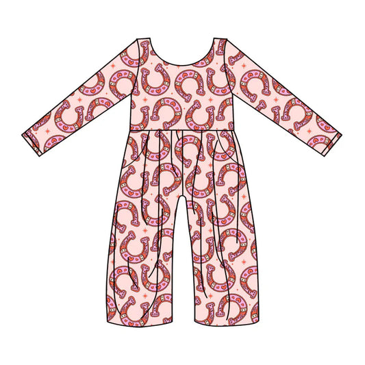 Preorder (moq 8)Baby Girls Long Sleeve Pink Horse Shoes Hearts Pockets Jumpsuits 9.12
