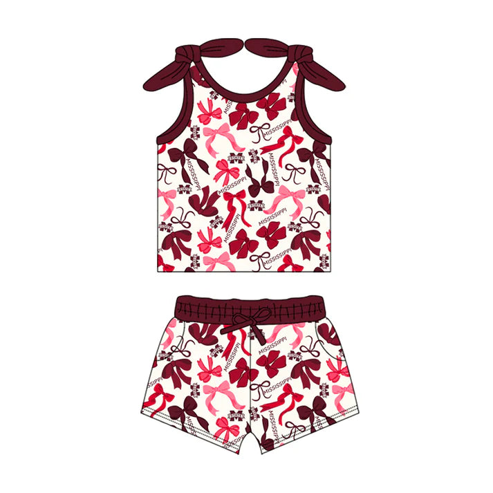 Preorder MOQ 5 pcs sleeveless M maroon bow top shorts girls team clothes 8.23