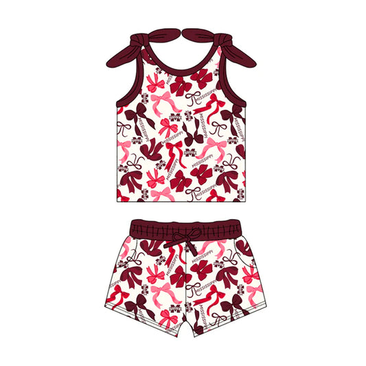 Preorder MOQ 5 pcs sleeveless M maroon bow top shorts girls team clothes 8.23