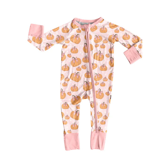 Preorder (moq 5)Baby Girls Light Pink Long Sleeves Pumpkins Plaid Zipper Pant Rompers 5.27