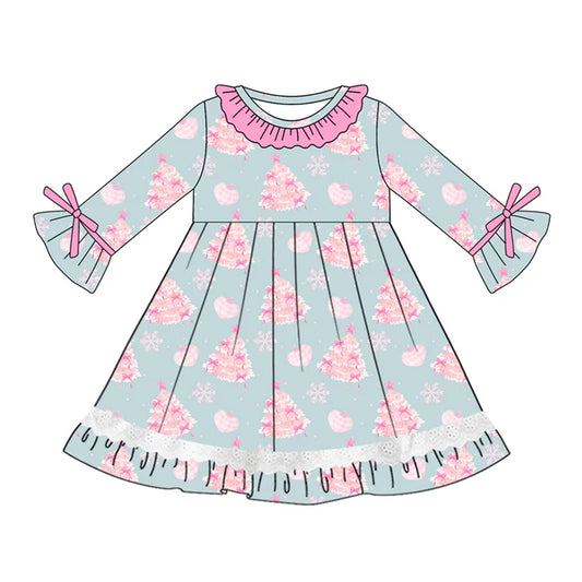 Preorder (moq 5)Baby Girls Long Sleeves Pink Treed Snowflake Ruffle Button Knee Length Dresses 5.19