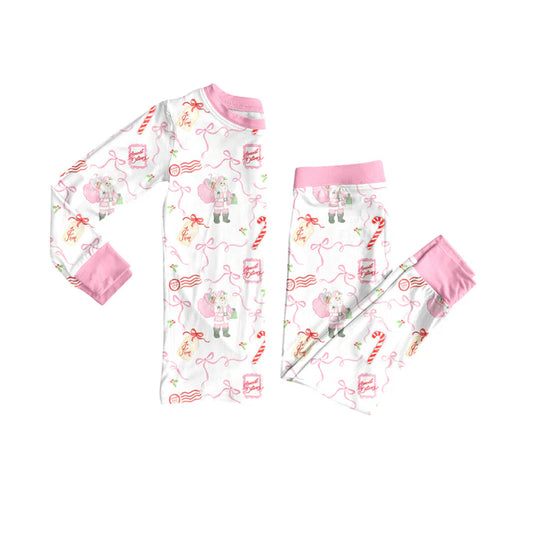Preorder (moq 5)Baby Girls Long Sleeves Pink Santa Bows Plaid Top Pants Pajamas Set 7.1
