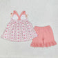 Baby Girls Clothes Pink Flowers Bows Tunic Top Ruffle Shorts Clothes Sets GSSO2094