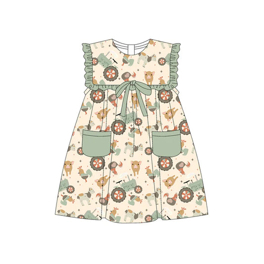 Preorder (moq 5)Baby Girls Green Sleeveless Chicks Pigs Pockets Farm Knee Length Dresses 4.23