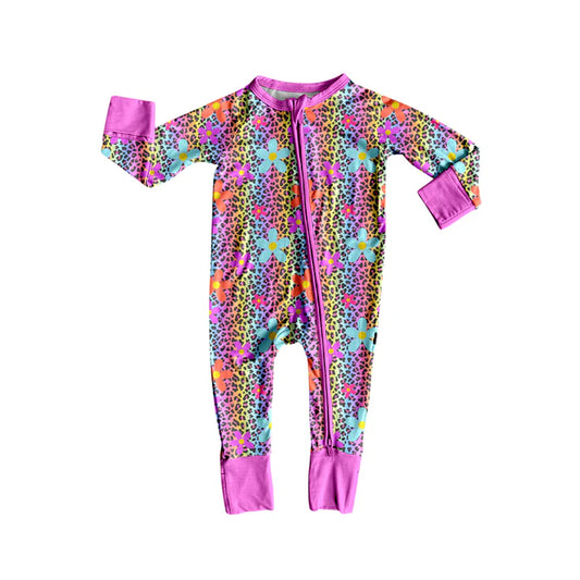 Preorder (moq 5)Baby Girls Long Sleeves Colorful Leopard Flowers Zipper Rompers 5.23
