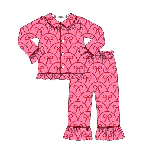 Preorder (moq 8)Baby Girls Red Bows Checked Button Top Pants Valentine Pajamas Sets 9.22