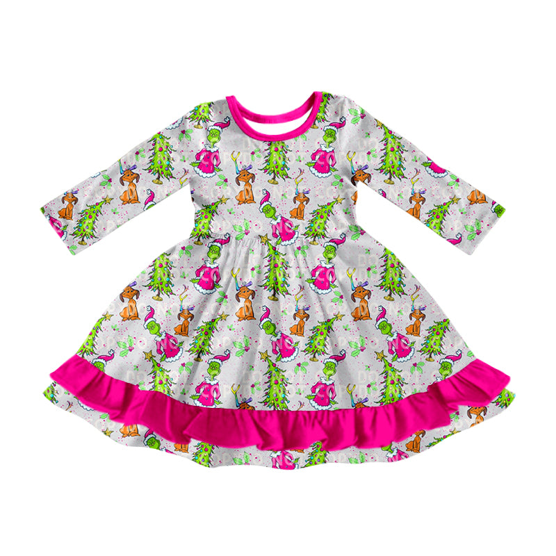 Fashion Baby Girls Dress Cartoon Christmas Ruffle Knee Length Dresses Preorder MOQ 5