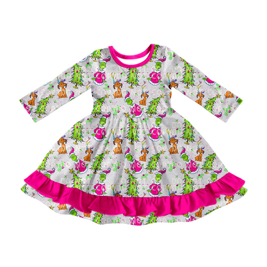 Fashion Baby Girls Dress Cartoon Christmas Ruffle Knee Length Dresses Preorder MOQ 5