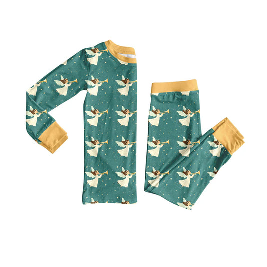 Preorder (moq 5)Baby Girls Green Angles Plaid Top Pant Christmas Pajamas Set 8.4