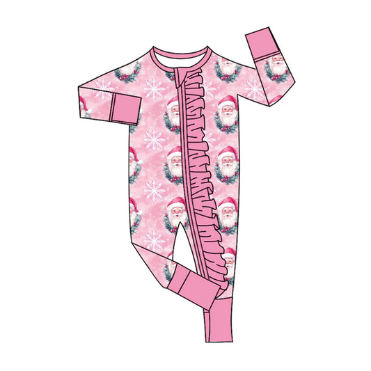 Preorder (moq 5)Baby Girls Santa Snowflake Christmas Ruffle Zipper Footie Rompers 9.4