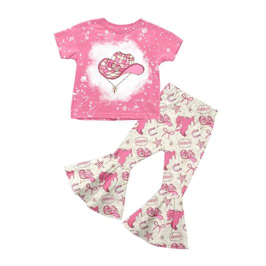 Preorder (moq 5)Baby Girls Pink Short Sleeves Hats Bows Top Bell Bottom Pant Set 5.12