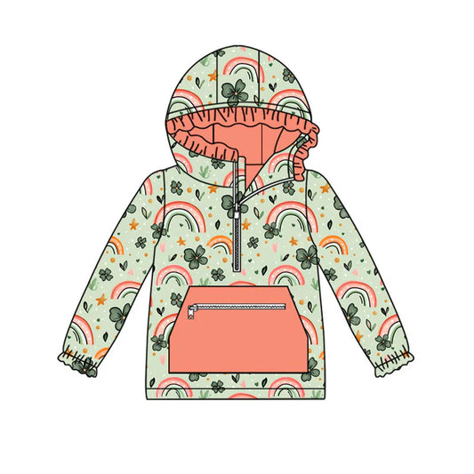 Preorder (moq 8)Baby Girls Clovers Rainbows Pocket Zipper St Patrick Ruffle Hoodies Top 9.10