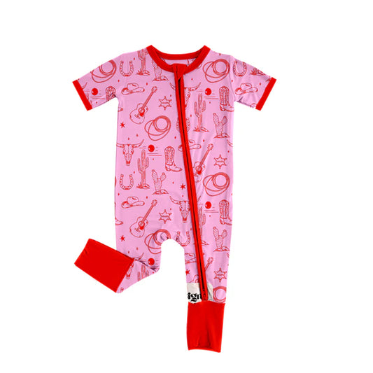 Preorder (moq 8)Baby Girls Bull Skulls Boots Cactus Western Zipper Footie Rompers 9.13
