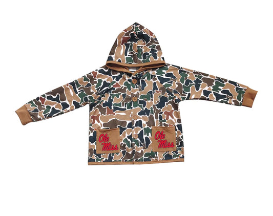 Preorder (moq 5)Baby Boys Dark Brown Camo Ole Miss Pockets Team Button Hoodie Jackets Top 11.22