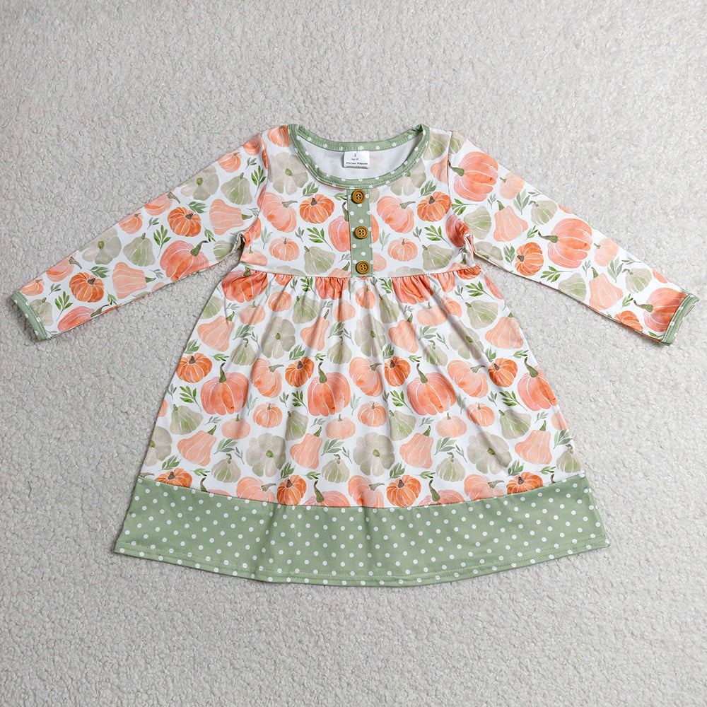 Baby Girls Dress Long Sleeve Pumpkins Button Fall Knee Length Dresses GLD1626