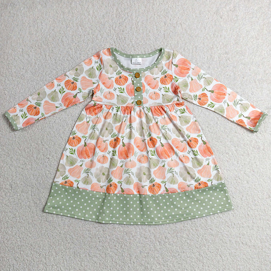 Baby Girls Dress Long Sleeve Pumpkins Button Fall Knee Length Dresses GLD1626