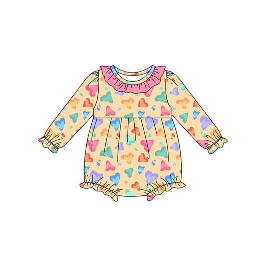 Preorder (moq 8)Baby Girls Colorful Hearts Valentine Ruffle Rompers 9.11