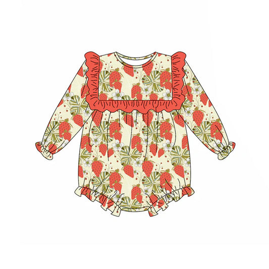 Preorder (moq 5)Baby Girls Long Ruffle Sleeves Leaves Strawberry Rompers 5.17