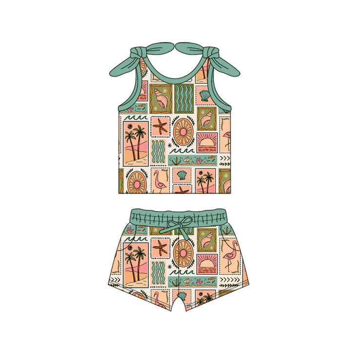 Preorder moq 5 Baby Girls Bows Sleeveless Sea World Beach Top Pockets Short Set 4.16
