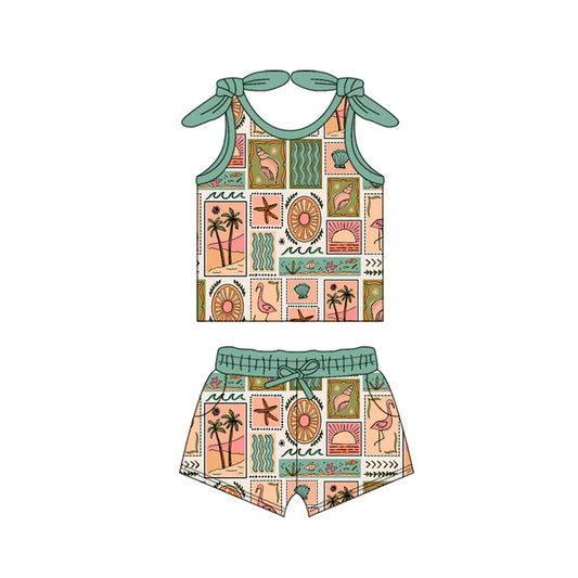 Preorder moq 5 Baby Girls Bows Sleeveless Sea World Beach Top Pockets Short Set 4.16