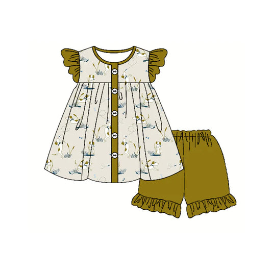 Preorder (moq 5)Baby Girls Flutter Sleeves Button Dogs Bees Tunic Ruffle Short Sets 5.15