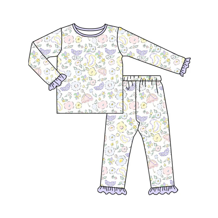 Preorder(moq 5) Baby Girls Flowers Masks Top Ruffle Pants Mardigras Pajamas Sets 10.16