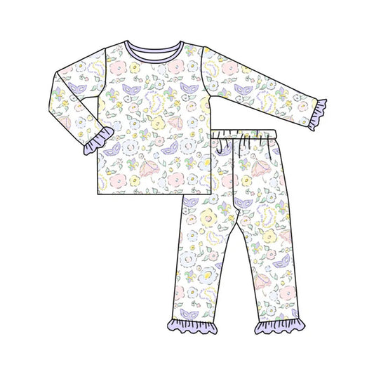 Preorder(moq 5) Baby Girls Flowers Masks Top Ruffle Pants Mardigras Pajamas Sets 10.16