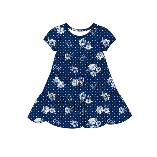 Preorder(moq 5) Baby Girls Navy Polka Dots Flowers Patchwork Ruffle Knee Length Dresses 11.14
