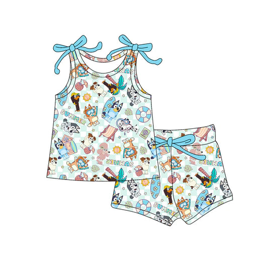 Preorder moq 5 Baby Girls Bows Sleeveless Cartoon Dogs Beach Top Short Set 4.17