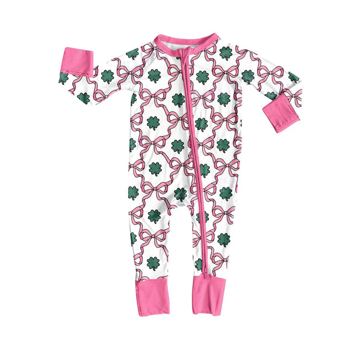 Preorder (moq 5)Baby Girls Pink Bows Clovers Checked St Patrick Zipper Footie Rompers 10.9